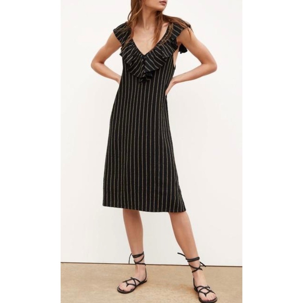 Zara Black Tan Striped Ruffle Deep V-Neck Dress Textured Knit Sleeveless Small